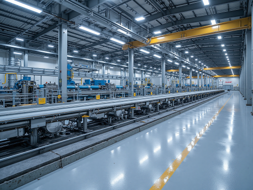 现代化车间内部全景，多条自动化生产线并行作业，工人身着工装专注操作，设备排列整齐有序