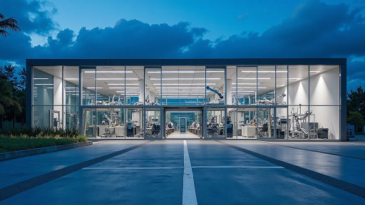 现代化工厂外景图，蓝白相间建筑群，宽敞停车场，绿植环绕，展现企业规模实力